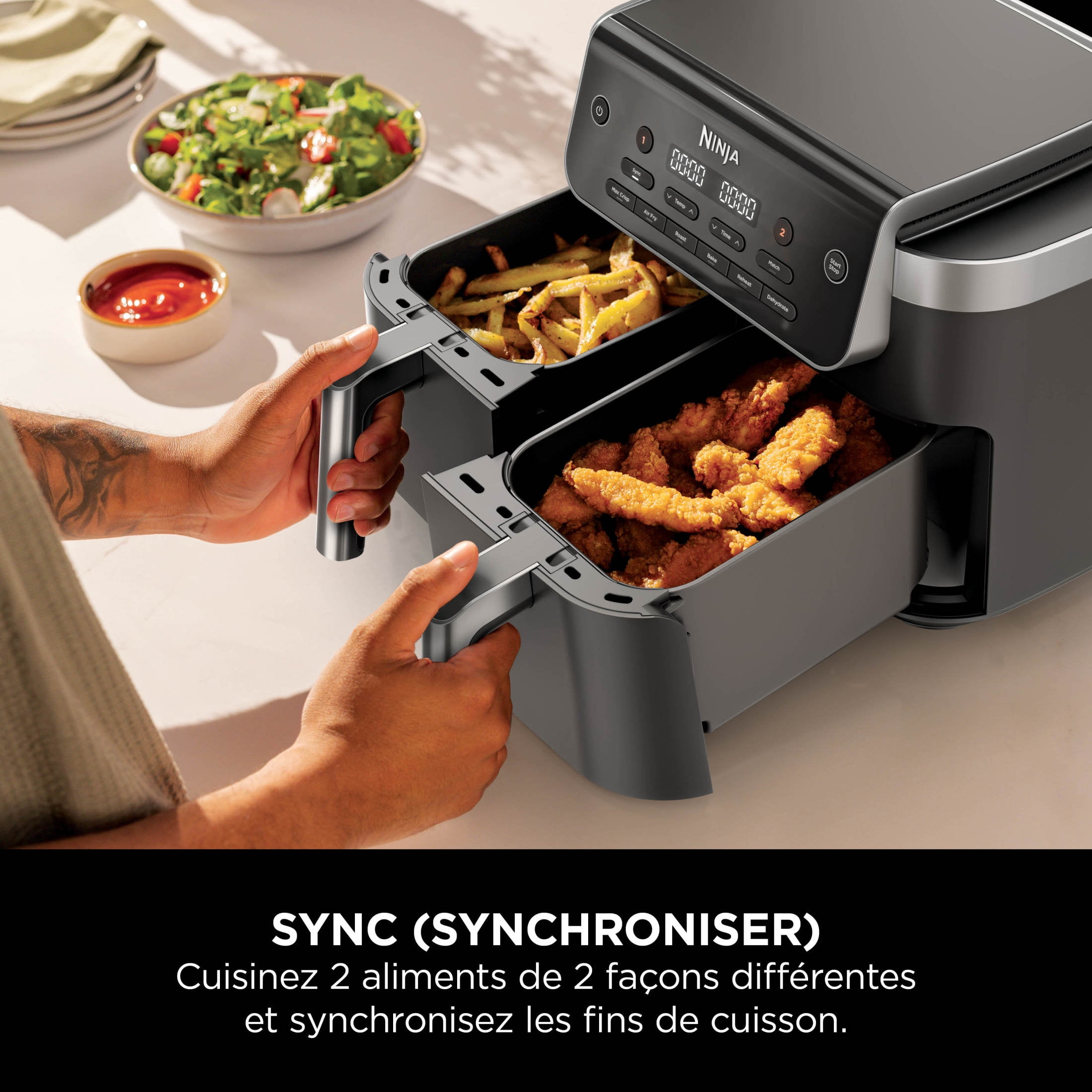 Ninja DualZone Air Fryer 8-Qt, 6-in-1, 2 Baskets, Smart Finish & Match Cook, Air Fry Roast Bake, DZ801C Gray