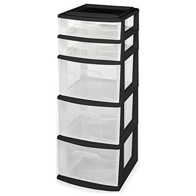 Homz Plastic 5 Drawer Home Storage Container TowerCloset Organizer with a black frame and clear drawers. This multi-purpose storage unit features 2 small and 3 large drawers, ideal for organizing small to medium-sized items. The clear design allows easy visibility of contents, and the recessed top lid provides additional storage for small items. Suitable for use in bedrooms, kitchens, bathrooms, or offices. Dimensions: 12.5 x 14.25 x 31.68 inches.