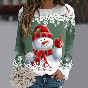 Womens Merry Christmas Print O Neck Sweatshirt Round Neck Fit Pullover Tops Casual Long Sleeve Workout Shirts Loose Blouse Hoodies Women Sweater Light Hoodies Ladies Lined Hoodies for Women