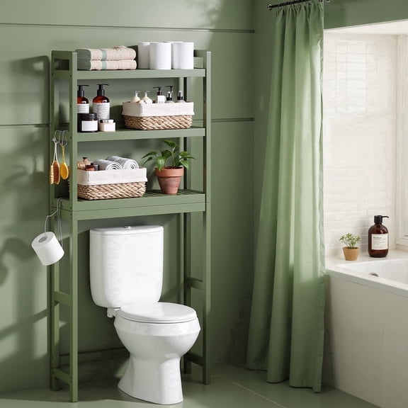 LEDREM Étagère de Rangement au-Dessus de la Toilette, Organisateur de Salle de Bain à 3 Niveaux, Support Gain de Place Ajustable avec Porte-Papier Hygiénique, Vert Forêt