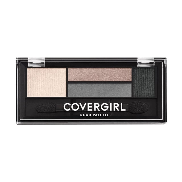 COVERGIRL Eyeshadow Quads in a black rectangular palette with a clear lid, containing four luminous powder shades: light beige, shimmery taupe, medium gray, and dark charcoal, enriched with skin conditioners for smooth application, plus a dual-ended sponge applicator for all-over, lid, crease, and liner use, suitable for creating subtle to dramatic eye looks.