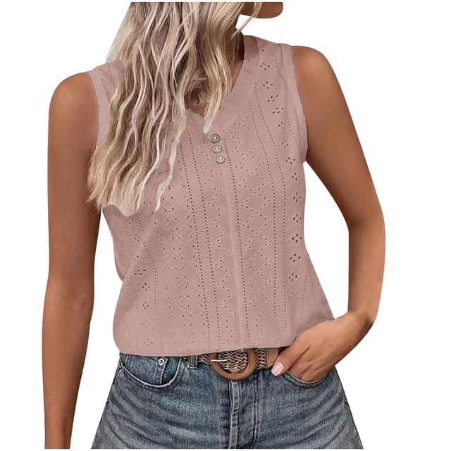 Timegard Womens Tank Tops Eyelet V Neck Button Slim Fitting Sleeveless Tops Casual Summer Beach Vacation