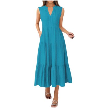 Dvprdro Womens Summer Maxi Dress Trendy Solid V Neck Sleeveless Casual Loose Tiered Pleated Ruffle Hem Flowy Beach Sun Tank Dress