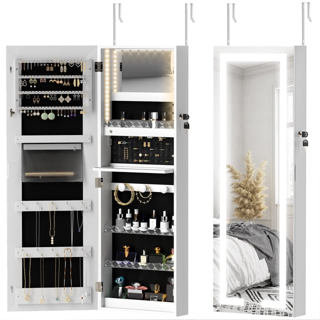 LED Jewelry Cabinet w/ Full Length Mirror Jewelry Storage Organizer ...