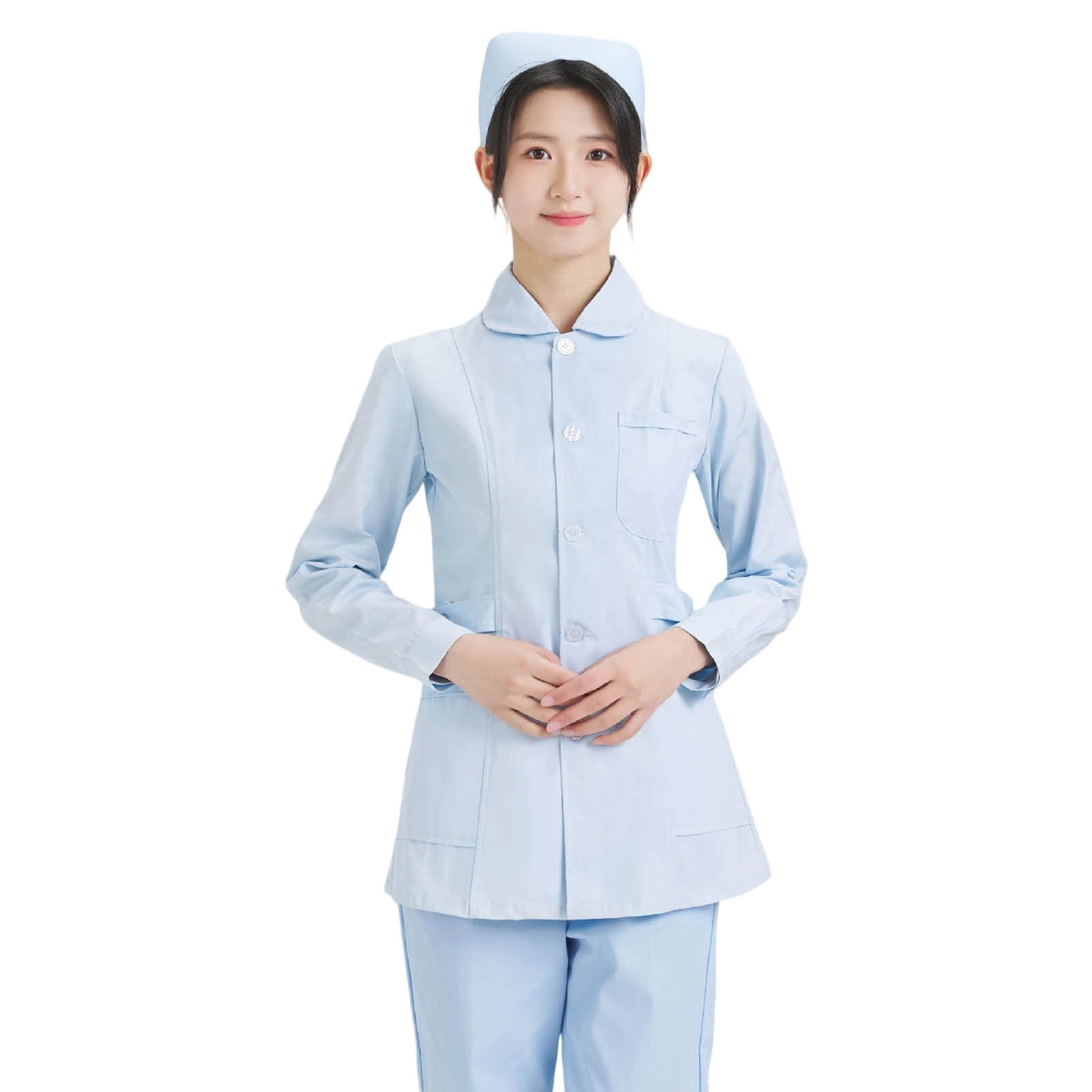 AWZXDE Veste d'Infirmière Unie pour Femme avec Poches, Boutons, Revers Cranté, Simple, Décontractée, Manches Longues, Uniforme pour Travail Médical, Confortable et Professionnelle, Bleu, G