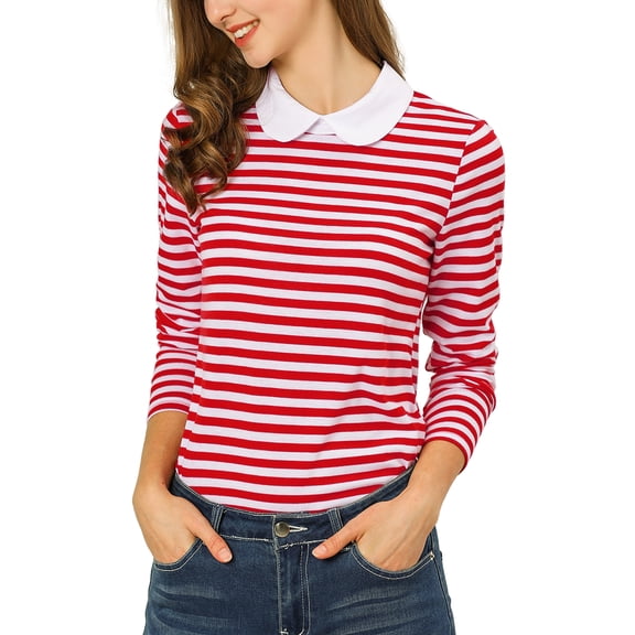 INSPIRE CHIC Haut à Manches Longues pour Femme Col Claudine à Rayures Contrastantes Dos à Boucle Élastique Blouse Décontractée TP Rouge