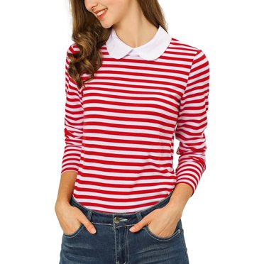 INSPIRE CHIC Women's Long Sleeve Top Contrast Striped Doll Collar Elastic Loop Back Casual Blouse XS Red