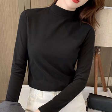 Black Tshirts for Women Slim Casual Solid Long Sleeve Mock Turtleneck Blouse Tops Slim Fit Stretchy Layer Tee Shirts Womens Shirts