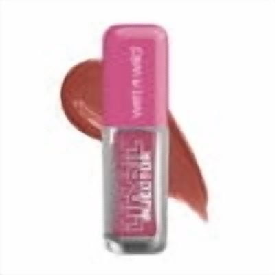 Lip Oil Injector - Sweet n' Spicy by wet n wild, a small clear tube with a pink cap containing pink lip oil, shown with a warm brown lip color swatch behind it, a lightweight, buildable lip plumper with a non-sticky formula, cruelty-free and suitable for layering over other lip products.