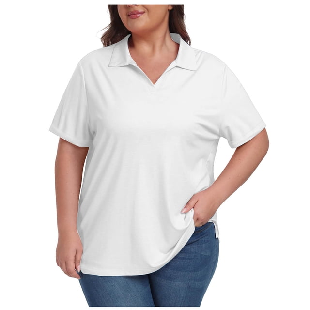 Timegard Hauts pour Femmes Grande Taille Col à Revers Col en V Manches Courtes T-Shirts Basiques Confortables Hauts Décontractés Amples