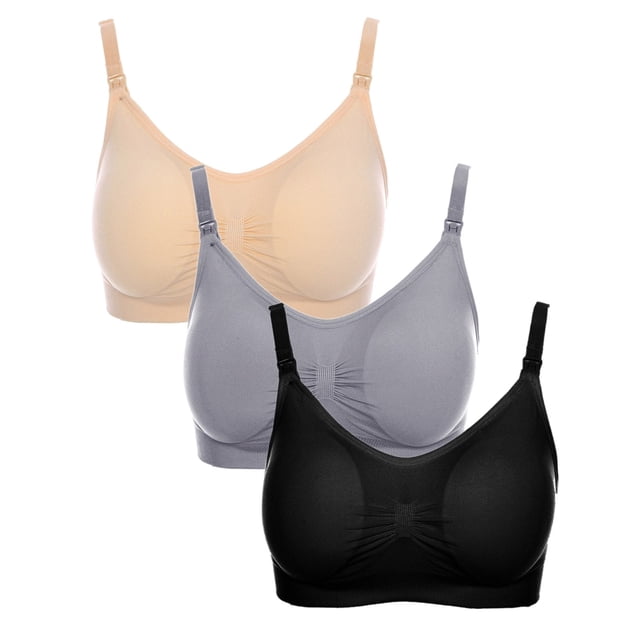 LSLJS 3Pcs Pregnant Women's Plain Color Bra Nursing Bras Vest Tops featuring three maternity bras in beige, grey, and black. Designed with a crossover front for easy breastfeeding, adjustable straps, and soft, breathable fabric for comfort. Ideal for maternity intimates, nursing essentials, sleeping, and everyday wear.