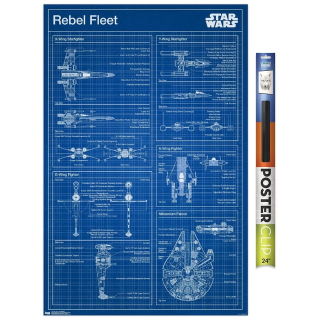 Star Wars : Saga - Affiche Murale de Plan Rebelle, 22,375 Po x 34 Po Présentant des Plans Techniques Détaillés de Vaisseaux de la Flotte Rebelle Incluant des Chasseur X-Wing, Y-Wing, A-Wing, B-Wing et Millennium Falcon avec Pièces Étiquetées et Vues Multiples, Imprimée sur Papier Lustré pour une Déco Murale Vibrante à la Maison Ou au Bureau.