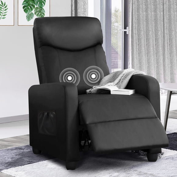Fauteuil inclinable de massage Comhoma en similicuir avec repose-pieds, noir, à inclinaison par poussée arrière