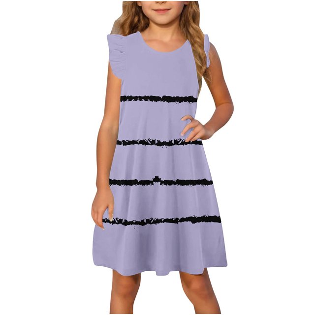 Économies d'Été! Robe d'Été pour Enfants, Robes Décontractées pour Filles en Solde, Robe d'Été à Manches à Volants pour Filles 4-14T