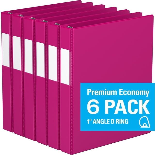 Davis Group, Premium Economy, D Ring, Binder, 6 Pack, 1" showing six magenta binders with 1-inch angle D rings and full-width label holders on the spines, each with clear interior pockets on front and back covers to secure loose documents, suitable for conferences, reference, and academic use.