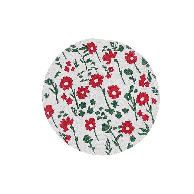 IH Casa Decor Printed Round Cotton Rope Placemat Red Floral - Set of 12, a 15-inch round cotton rope placemat with a white base and red floral pattern with green leaves, designed to protect tables from stains and scratches and suitable for dining or coffee tables, often used as decorative coasters for hot items.