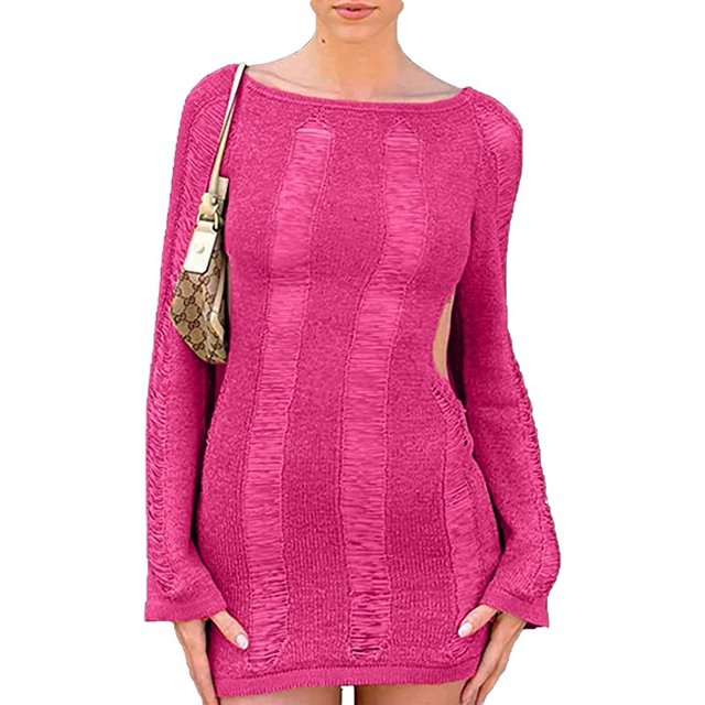 Robe Mini Ajourée pour Femmes à Manches Longues, Col Rond, Moulante, en Maille, Courte, Portefeuille, Dos Nu, Tenue de Boîte de Nuit