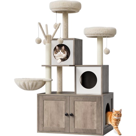 Maison Arbre à Chat, Condos pour Chats, Arbre Esthétique pour Chats, Bac à Litière Caché, Meuble en Bois pour Chats avec Multiples Plateformes avec Poteaux à Griffer en Sisal et Perchoirs en Peluche Douce, Facile à Nettoyer et à Aérer