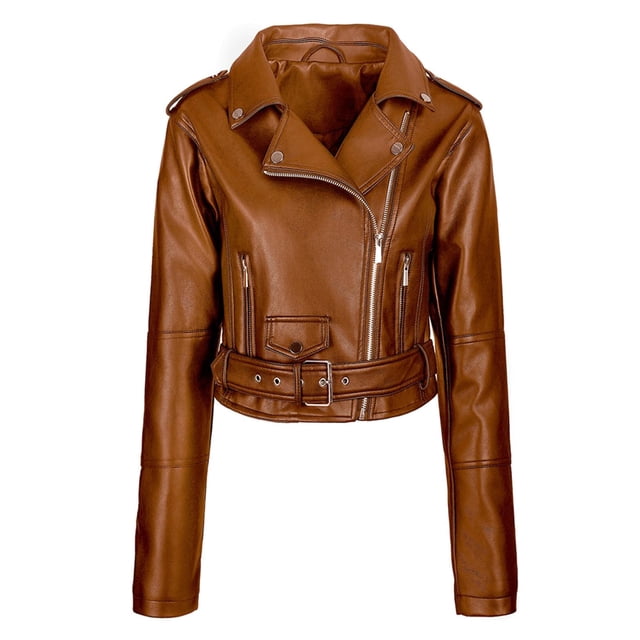 Yuyuzo Veste Courte en Cuir pour Femmes à Fermeture Éclair Vestes Asymétriques Col à Revers Manteau Ceinturé