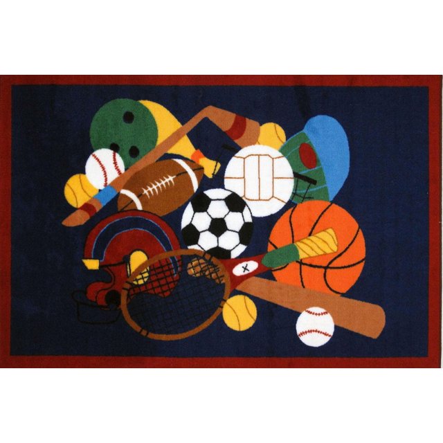 Fun Rugs Rectangle Multi-Colored Sports America Nylon Kids Rug measuring 39 by 58 inches, featuring a navy blue background with a red border and a central cluster of sports equipment including basketball, soccer ball, football, baseballs, tennis balls, hockey stick, baseball bat, tennis racket, bowling ball, and helmet, with latex backing to prevent slipping, suitable for kids' room decor and educational play.