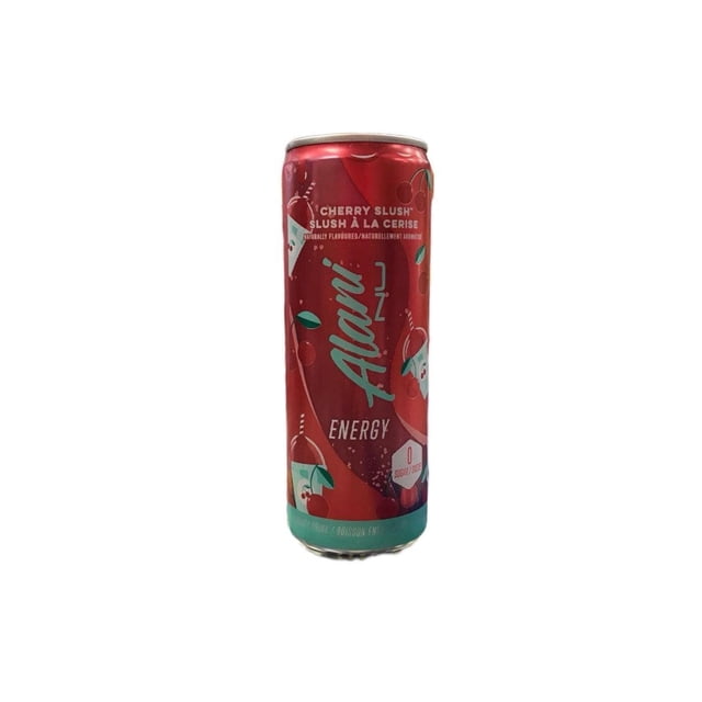 Alani Nu Energy - Cherry Slush energy drink can with red and teal cherry-themed design, zero sugar label, natural cherry flavor, and energizing caffeine boost suitable for pre-workout energy.