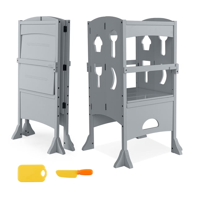 Costway Folding Kitchen Kids Step Ladder Stool Wooden Toddler Safety Tower Helper Gray