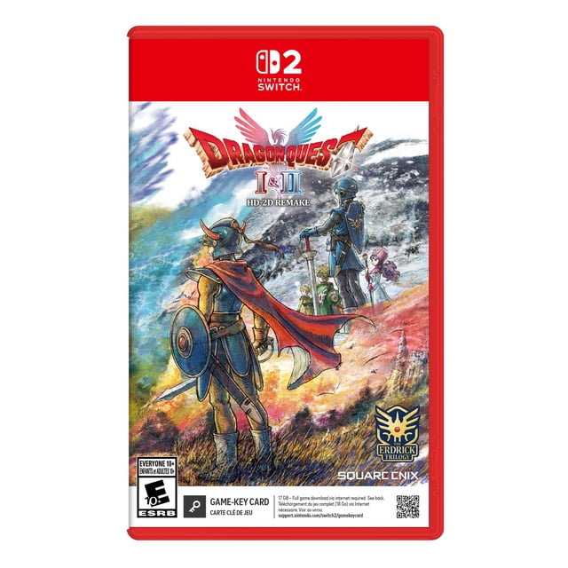 Dragon Quest I & II HD-2D Remake Nintendo Switch game cover featuring detailed fantasy artwork of armored warriors with swords and shields overlooking a vibrant landscape with stormy skies, including the Erdrick Trilogy emblem and Square Enix logo.