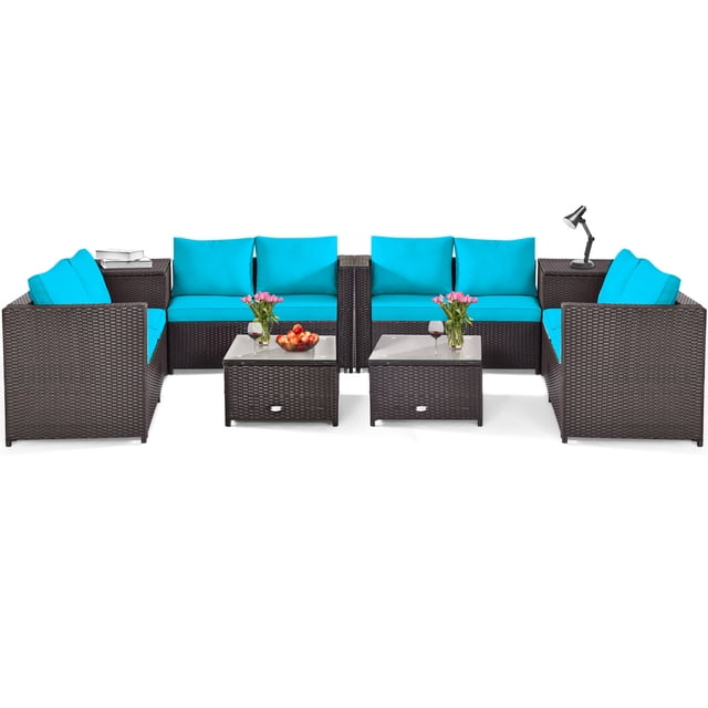 Patiojoy Ensemble de Canapé Sectionnel d'Extérieur en Rotin de 8 Pcs pour Causeuse et Conversation avec Coffre de Rangement et Table à Café Turquoise