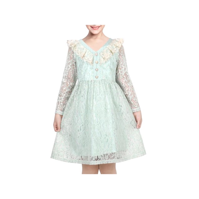Girls Dress Green Floral Lace V Neck Ruffle Pearl Long Sleeve Party 7 Years