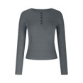 thumbnail image 4 of Yuyuzo Womens Long Sleeve Shirts Round Neck Buttons Solid Color Slim Fitted Basic Going out Tops, 4 of 7