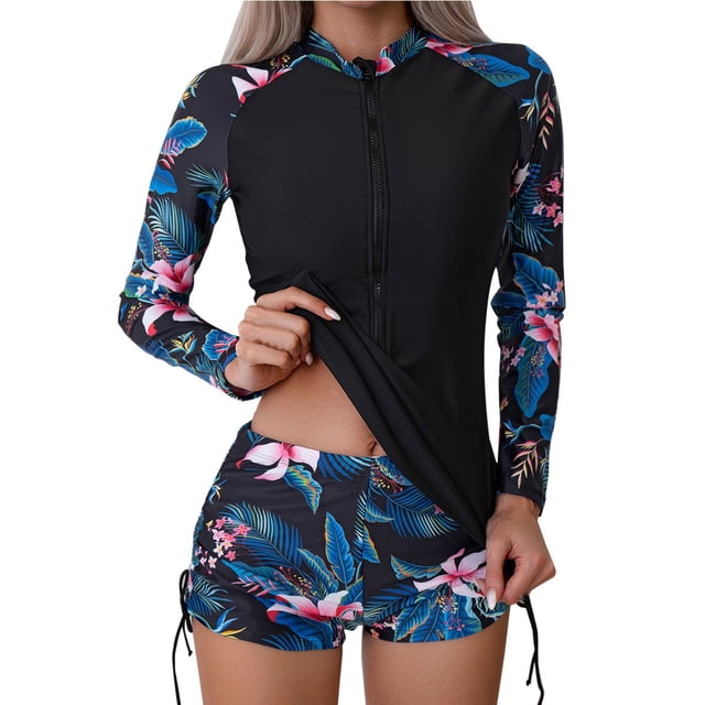 Kcodviy Femmes Ensemble Deux Pièces Rash Garde à Manches Courtes à Manches Longues Fermeture Éclair Garde à Manches Courtes Maillots de Bain Chandail de Bain Chemises de Garde pour Hommes Ensemble avec Bas Culottes Garçonnes
