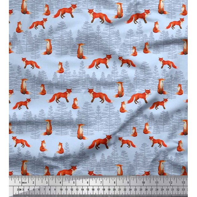 Soimoi Blue Poly Georgette Fabric Cedar Tree & Fox Animal Print Fabric by Yard 52 Inch Wide