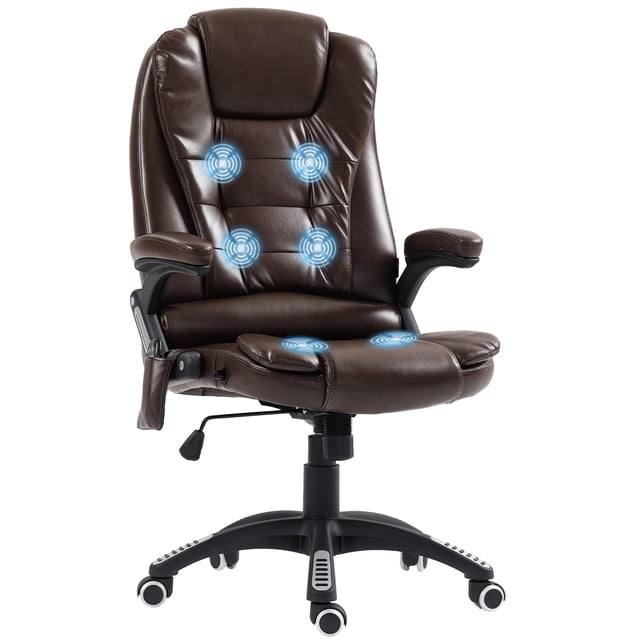 Vinsetto Massage Office Chair with 6-Point Vibration in dark brown PU leather. Features six massage points targeting shoulders, lumbar, and lower back, controlled by a wired remote with a side pocket for storage. The chair offers a 130-degree reclining function, adjustable seat height, and a high-back design with thick padding for comfort. Includes swivel wheels and a sturdy base for mobility. Dimensions: 26.4 inches wide, 29.1 inches deep, and adjustable height from 42.1 to 45.7 inches. Weight capacity: 264 lbs.