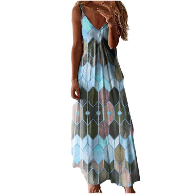 Fridja Robe d'Été Décontractée pour Femme à Dégradé, Col en V, Sans Manches, Grande Taille, à Bretelles Spaghetti