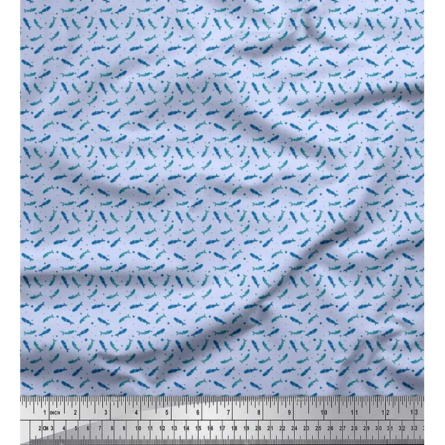 Soimoi Poly Georgette Fabric Dot & Whale Ocean Printed Fabric 1 Yard 52 Inch Wide