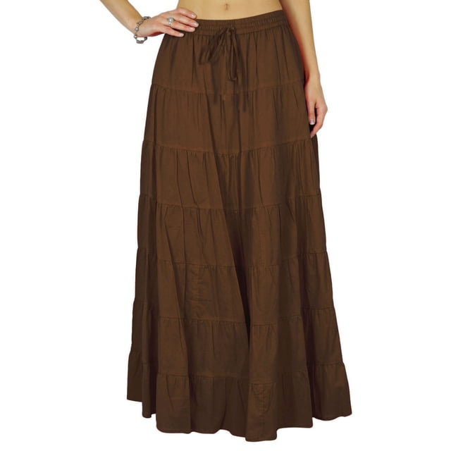 Phagun Jupe d'Été en Coton Brun pour Femme, Design Ethnique, Taille à Cordon - 24