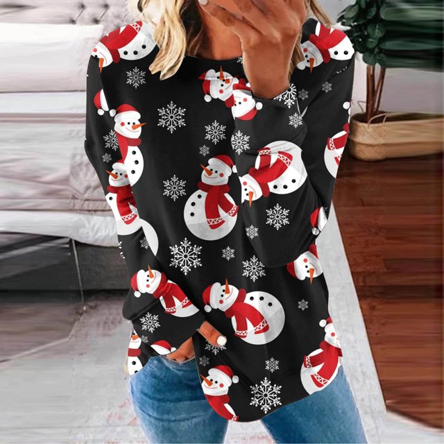 Costumes de Noël en Liquidation Col Rond Mode Décontractée Manches Longues Chandail à Imprimé de Noël Hauts Blouse Chandail Surdimensionné pour Femmes