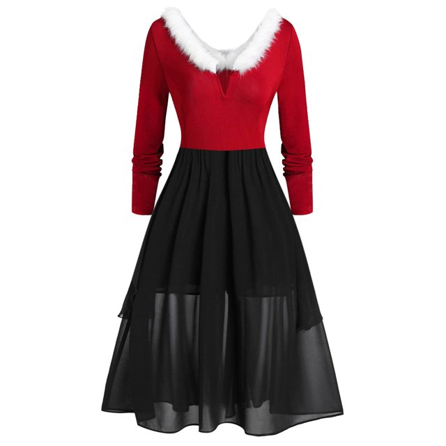 TJAZFJPA Robe à Manches Longues pour Femmes Robe de Noël Patchwork Col en V Panneau Manches Longues Col en V Robe Asymétrique Robes Dorées pour Femmes Robe Courte