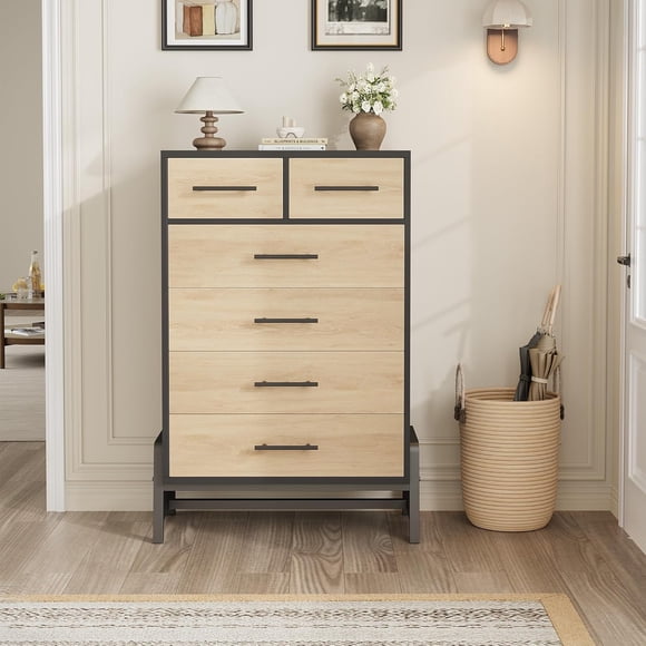 Royalbelle 46.6 in 6 Dresser for Bedroom,Tall Drawer with Large Storage Space,Freestanding Wooden Closet Storage Dresser Chest for Living Room,Bedroom,Entryway,Natural Oak + Black