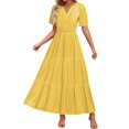 thumbnail image 1 of HXWCHs Robe Sans Manches pour Femme, Fluide, Col en V, Taille à Nouer, Robe d'Été Décontractée, Confortable, Plage, Évasée, Maxi pour la Saison du Printemps, Jaune, P, 1 of 7