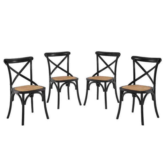 Modway Gear 18.5" Elm Wood & Rattan Dining Side Chair, Set of 4, Black