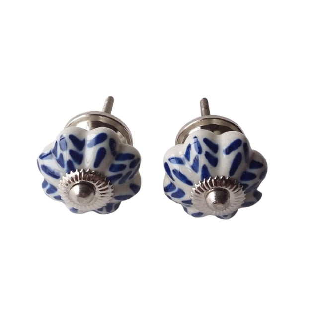 IH Casa Decor Decorative Ceramic Knob Set Of 2 Rice with two white ceramic knobs featuring blue rice-patterned designs and silver metal screw bases, ideal for cabinet hardware and decorative drawer pulls in home improvement.