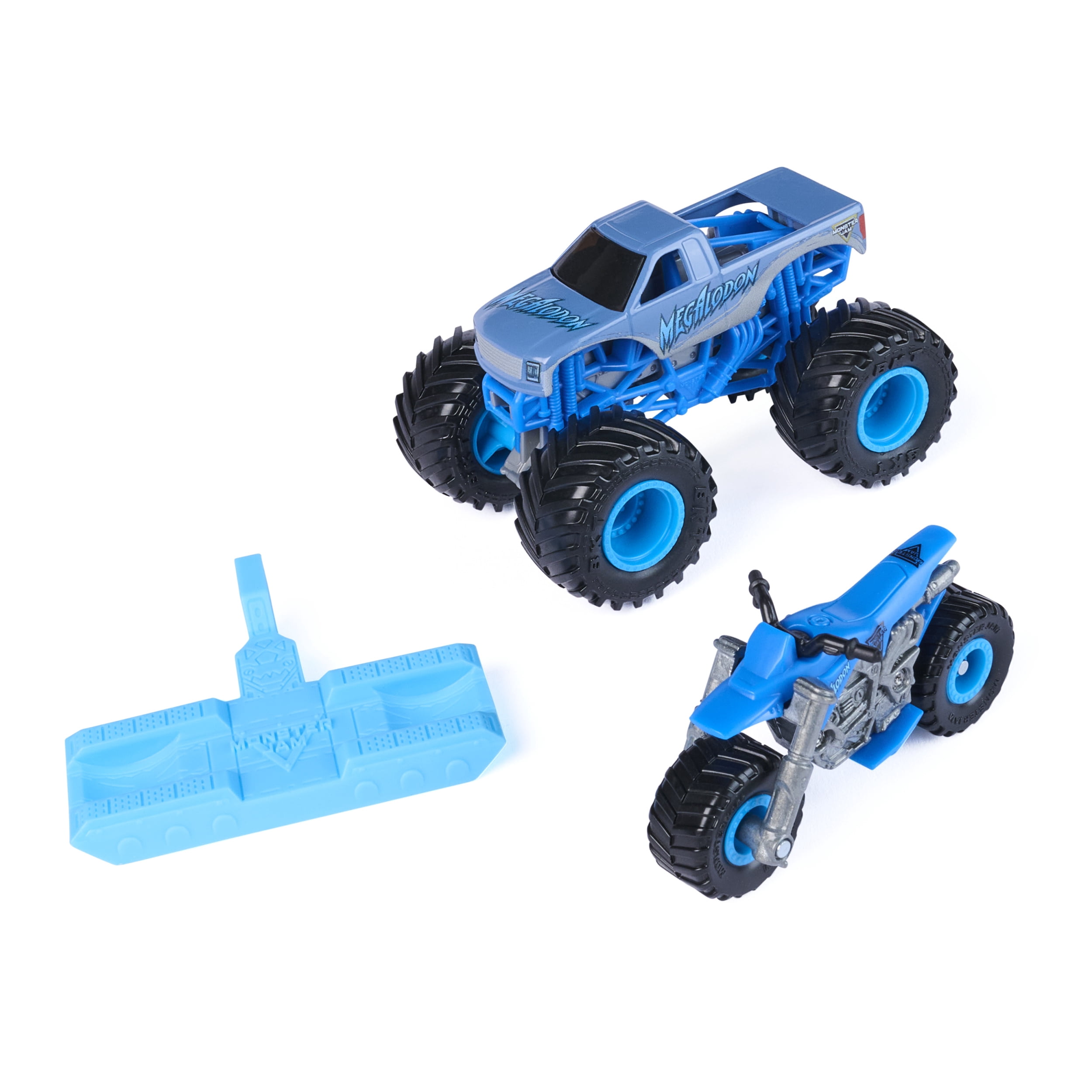 Monster Jam, Monster truck et moto tout-terrain Megalodon officiels, coffret de 2 véhicules avec accessoire, échelle 1:64, jouets pour garçons et filles, à partir de 3 ans