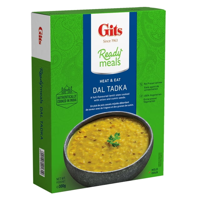 Gits Heat and Eat Dal Tadka 300g ready meal box showing a green and blue package with a bowl of yellow lentil stew garnished with cilantro, an authentic Indian dish cooked with onion and cumin seeds, 100% vegetarian and preservative-free, serving two, suitable for a quick Indian food side or light meal.