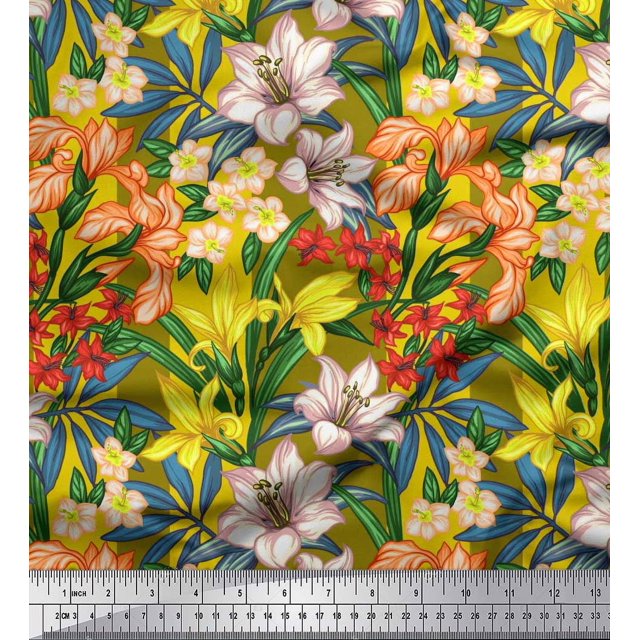 Soimoi Yellow polyester Crepe Fabric Leaves, & Lily Floral Fabric Prints By Yard 42 Inch Wide