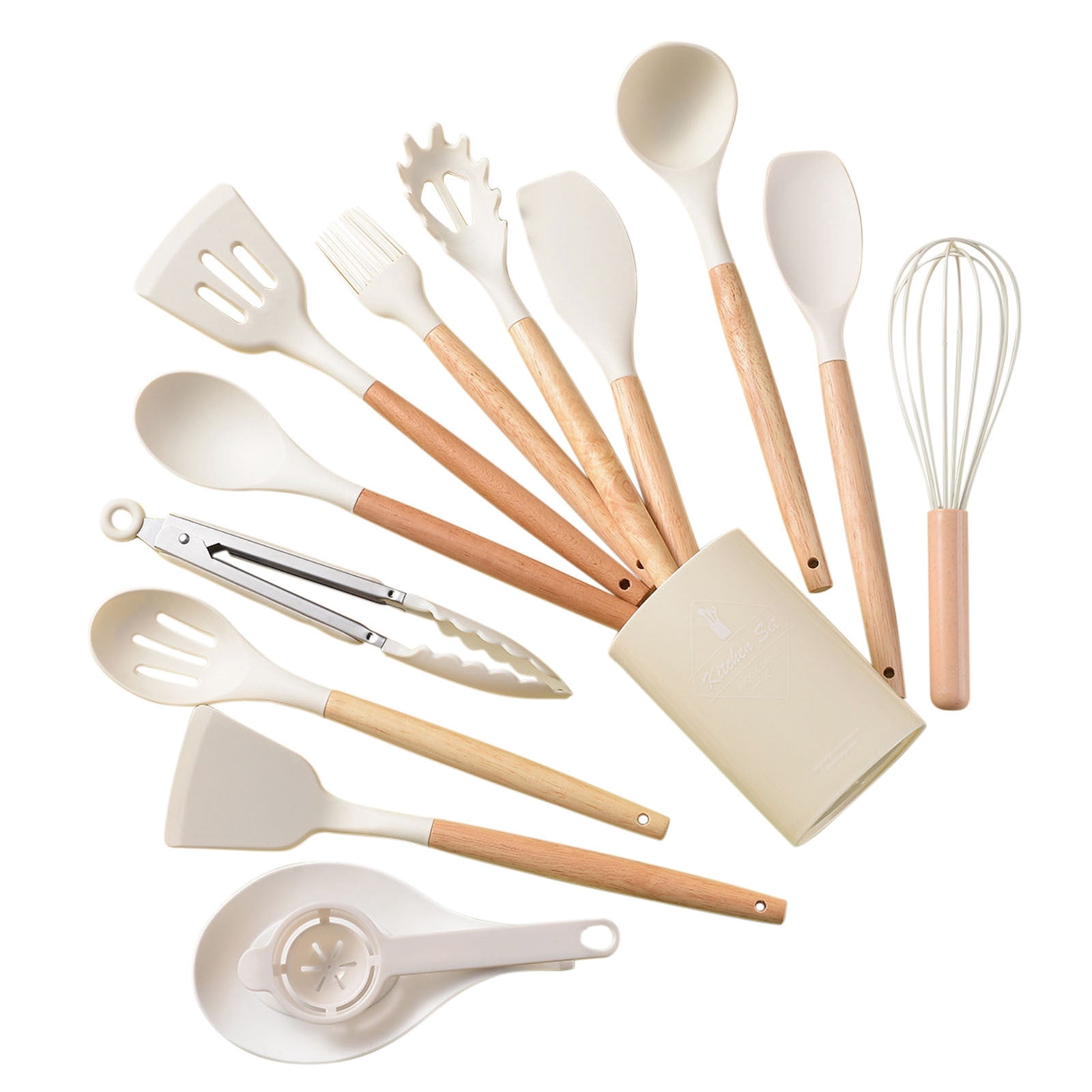 Kitchen Essentials for New Home Silicone Cooking Utensils Set for Kitchen,446°F Heat Resistant 14 Pcs Non-Stick Cooking Set with Wooden Handle Spatula Turner Spoon Tongs Whisk Kitchen Accessories