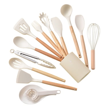 Birdeem Wooden Handle Silicone Kitchenware Set 14 Piece Round Barrel Set Non Stick Pot Cooking Spoon Kitchen Tools