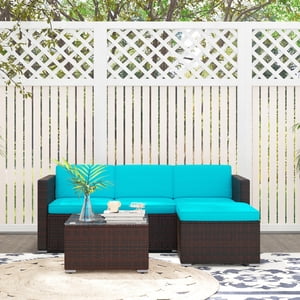 3 Pieces Patio Furniture Sets Outdoor All-Weather Sectional Patio Sofa Set PE Rattan Wicker Patio Conversation Set with Glass Table&Ottoman Cushion, Blue