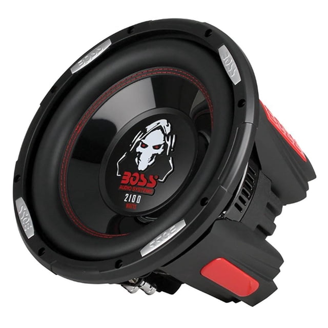 BOSS Audio Phantom 10-inch 2100W DVC 4-Ohm Deep Bass Car Subwoofer, model P106DVC, designed for car audio systems. Features include a poly-injected cone, dual 4-ohm voice coils, competition-style binding posts, and a multicolour design. It has a mounting depth of 6 3/8 inches and a frequency response range of 35Hz to 2.2kHz, delivering powerful deep bass.