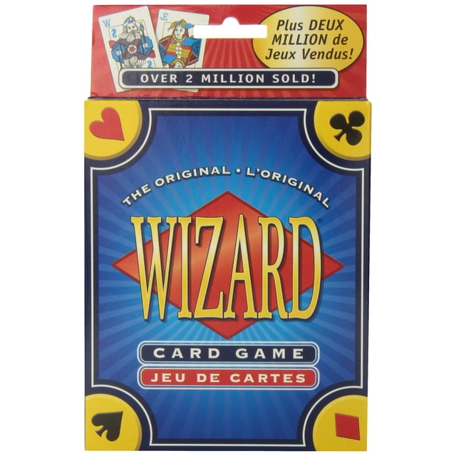 WIZARD CARD GAME packaging with a blue background and red diamond, yellow text reading 'The Original' and 'Card Game Jeu de Cartes', corner icons of heart, club, spade, and diamond suits, and a header stating 'Over 2 Million Sold!' in English and French, identifying it as a family-friendly trick-taking card game.